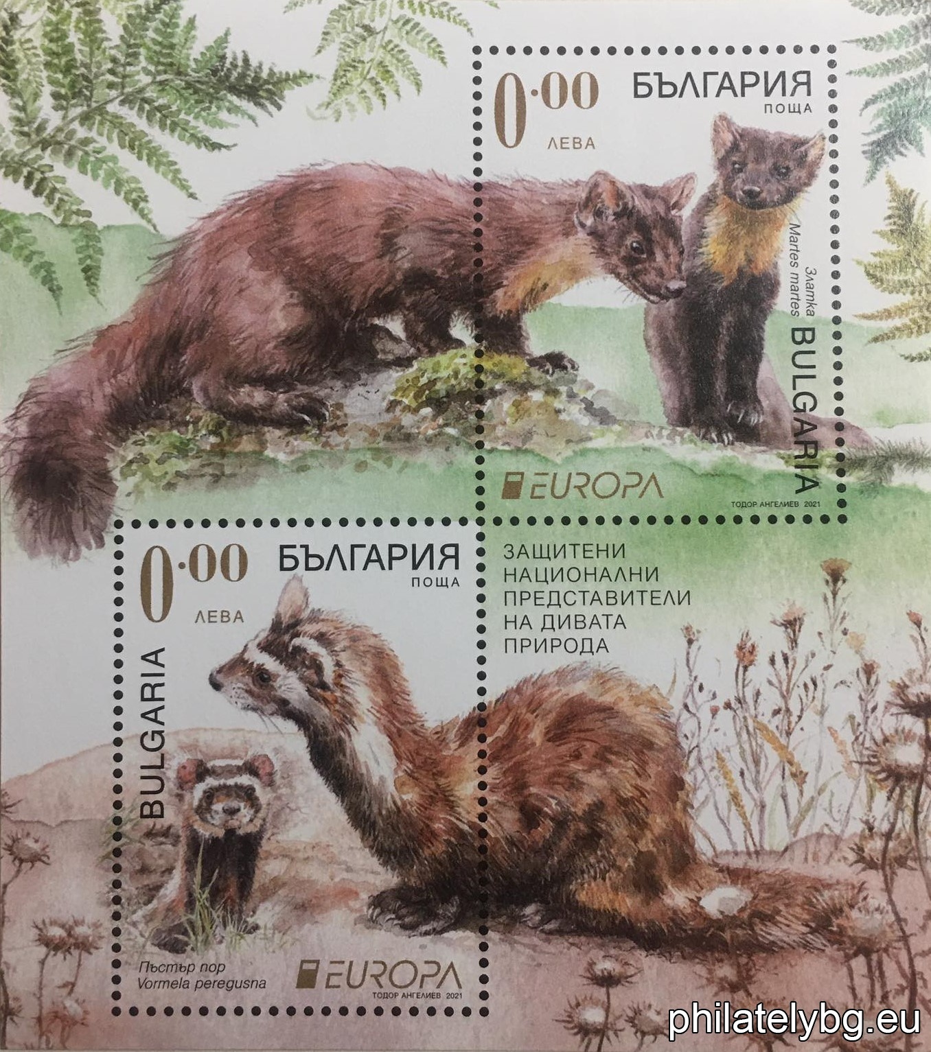 "Europe 2021 - protected national wildlife" - two postage stamps in a block and a special postage stamp.