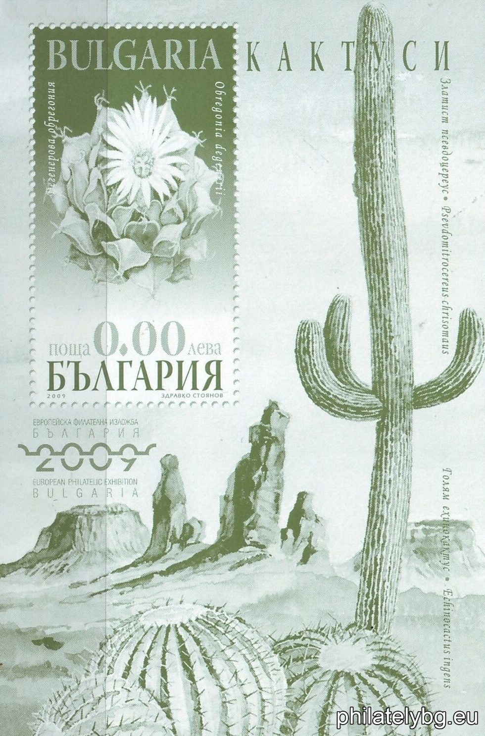 „ Европейска филателна изложба, "България 2009" (VIII), Кактуси “ - блок с една пощенска марка с имитирана перфорация и специален пощенски печат.