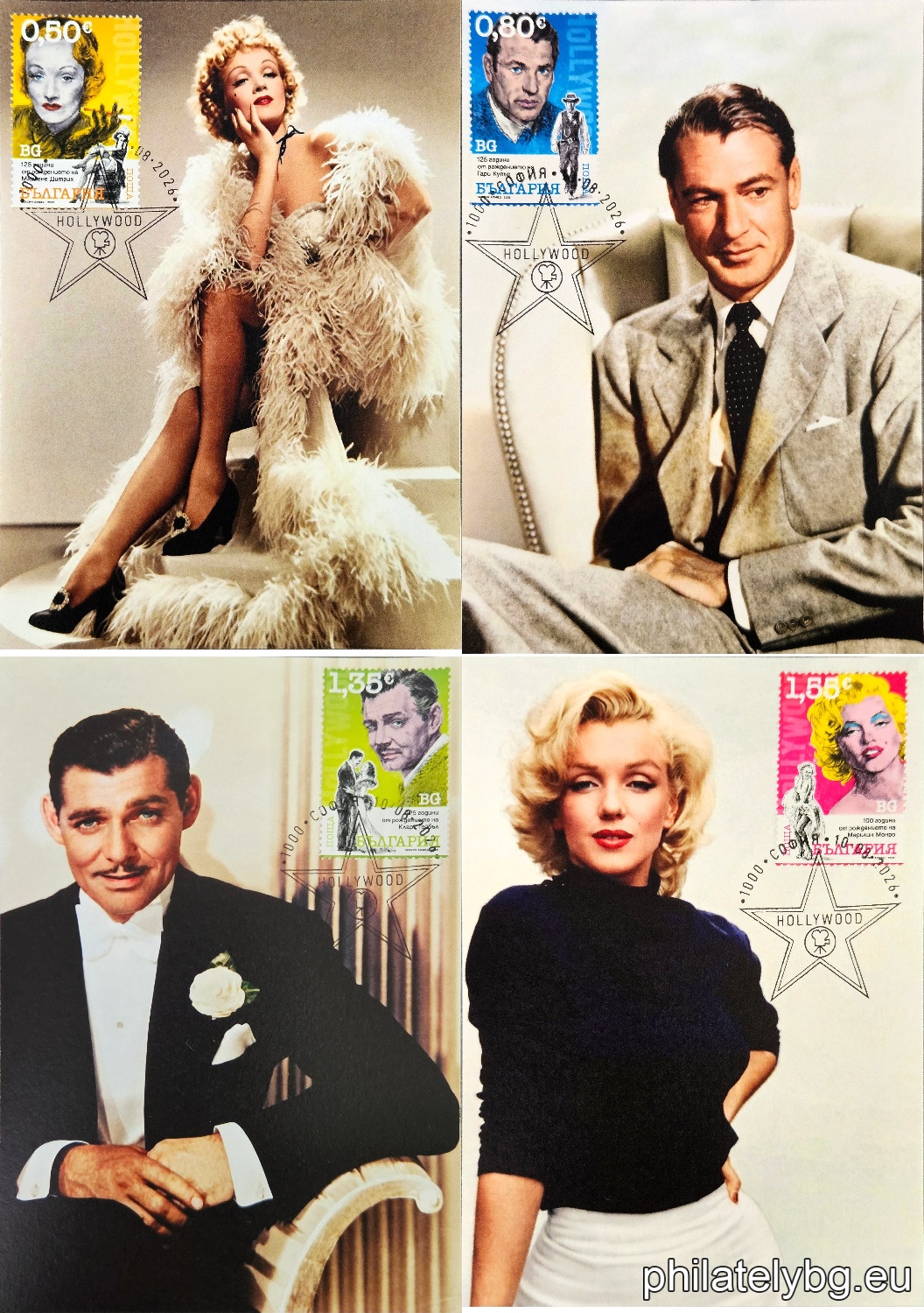 Marlene Dietrich is a German-American actress and singer. Clark Gable is an American actor, Oscar-winning, who played one of the most significant roles in cinema, that of Rhett Butler in the film Gone with the Wind (1939). Gary Cooper, born Frank James "Gary" Cooper, is an American actor. Marilyn Monroe, born Norma Jeane Mortenson, is an American actress and model.