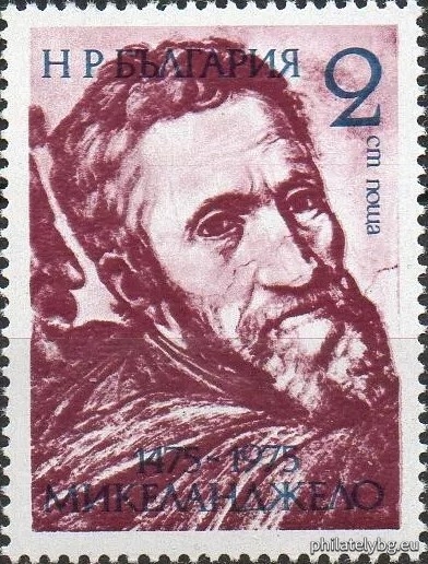 "500th anniversary of the birth of Michelangelo." - three postage stamps.