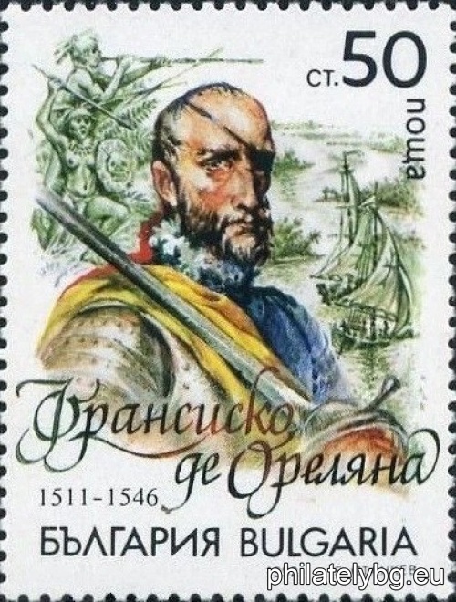 3990 - Amerigo Vespucci, navigational instruments; 3991 - Francisco de Orellana, Amazon River with sailing ships, armed Indians and Amazons; 3992 - Fernando Magellan, Strait of Magellan with sailing ships; 3993 - G. Jiménez de Quesada, soldiers fighting for Mayan gold; 3994 - Sir Francis Drake, flotilla; 3995 - Pedro da Valdivia, Spanish army and aborigines, fortification.