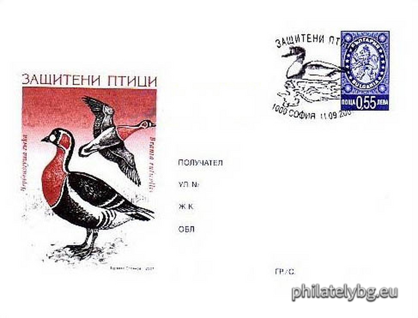 "Fauna - protected birds" - illustrated postal envelope with a standard postal service price sign and a special postage stamp.
