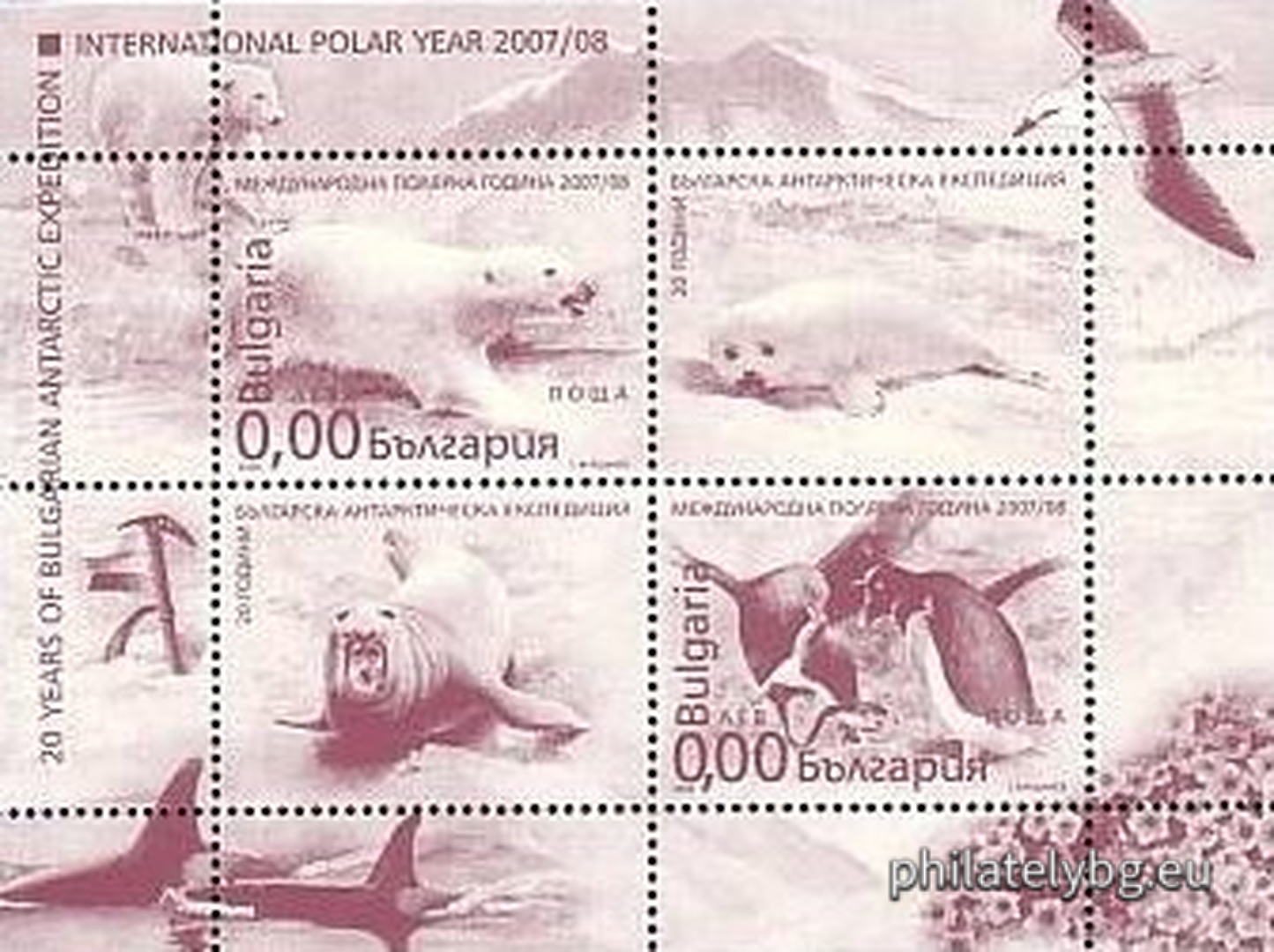 "International Polar Year 2007/2008, 20 years of the Bulgarian Antarctic Expedition" - block sheet with two postage stamps and two vignettes and a special postmark.