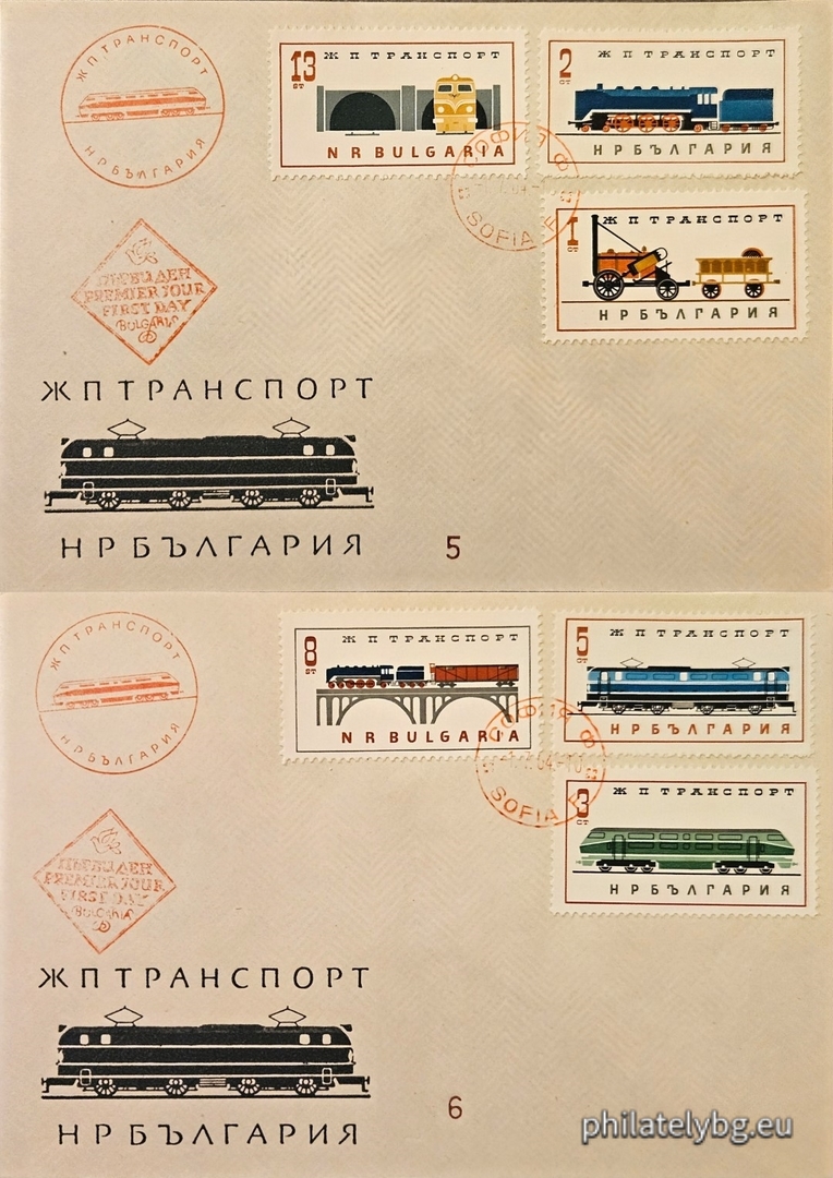 Two first-day covers with a red first-day stamp. 1513 - Stephensons first locomotive "Rocket"; 1514 - steam locomotive; 1515 - diesel locomotive; 1516 - electric locomotive; 1517 - train composition on a railway bridge; 1518 - locomotive and tunnel on a double railway line.
