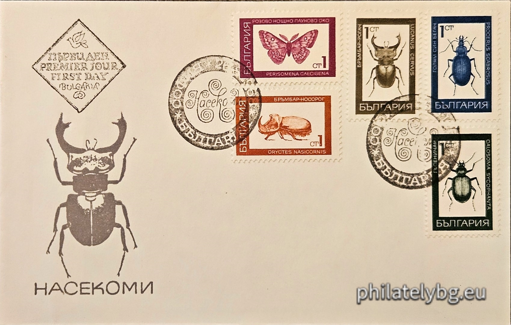1891 - stag beetle; 1892 - large blue runner beetle; 1893 - caterpillar beetle; 1894 - rhinoceros beetle; 1895 - pink night peacock eye butterfly.