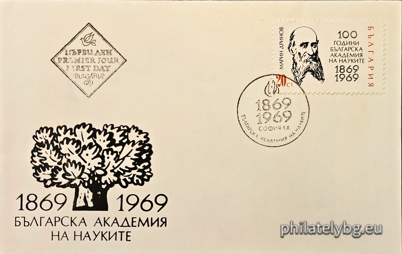 „ 100 г. Българска академия на науките ( БАН ). “ - една пощенска марка.