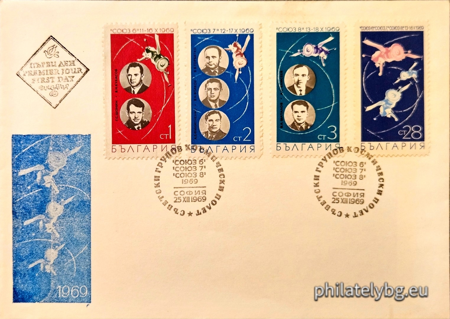 „ Съветски групов космически полет “ Союз 6 ”, “ Союз 7 ” и “ Союз 8 ”. “ - четири пощенски марки.