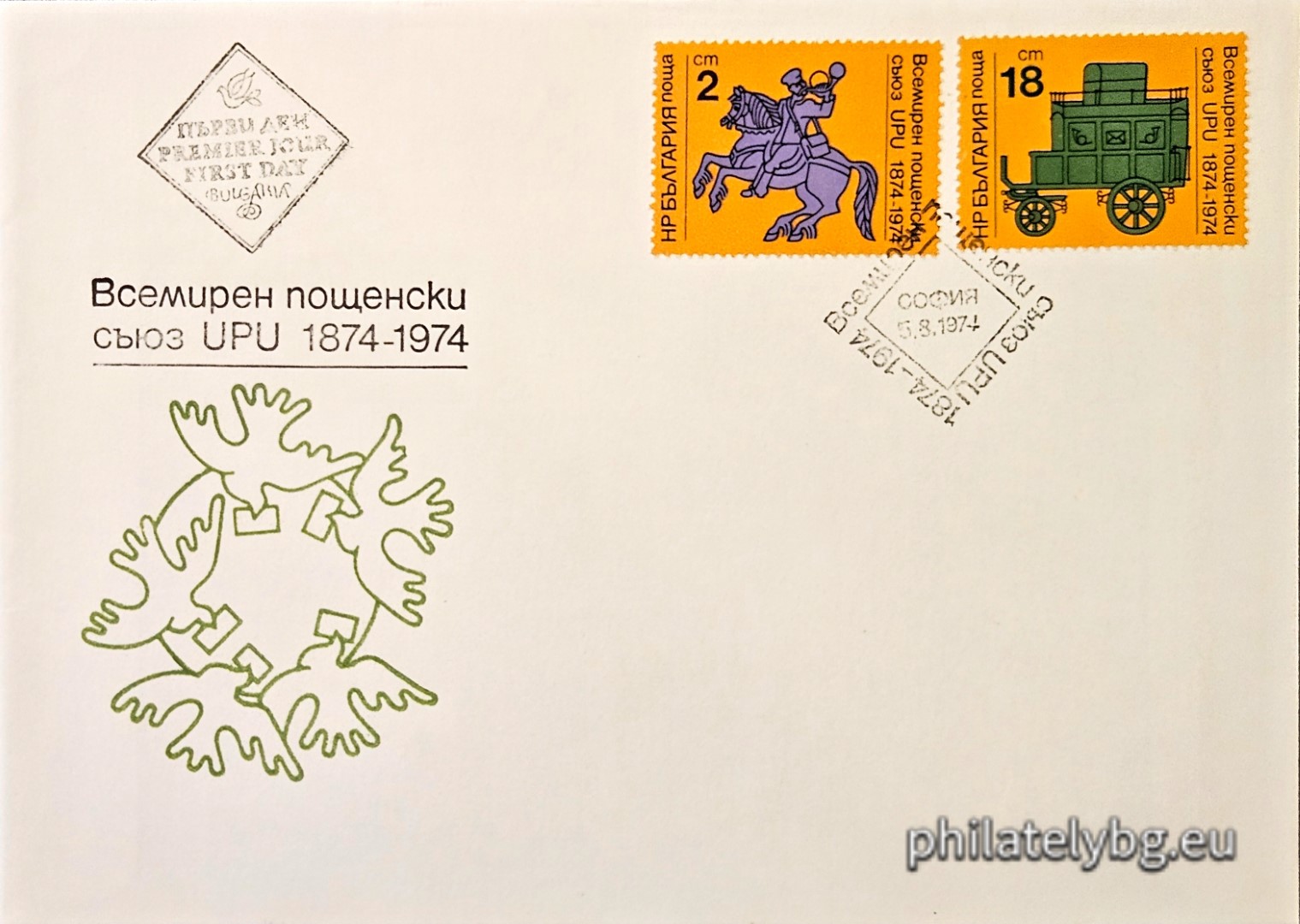 2422 - a messenger on horseback with a post horn; 2423 - the first Bulgarian post car.