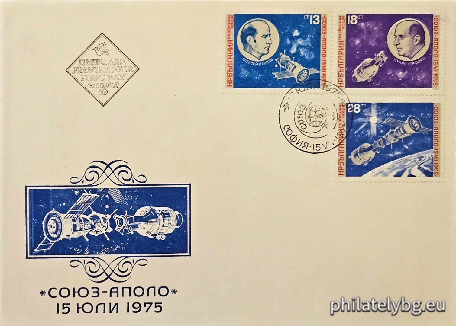 2484 - the Soyuz spacecraft and Alexei Leonov; 2485 - the Apollo spacecraft and Thomas Stafford; 2486 - the Soyuz and Apollo spacecraft in flight around the Earth before docking.