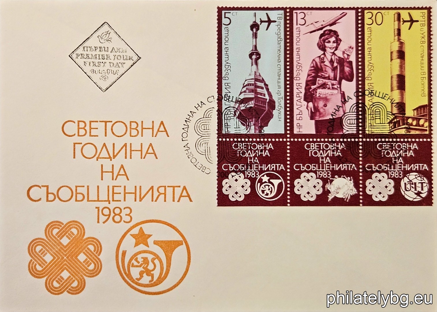 „ Въздушна поща . Световна година на съобщенията 1983 г. “ - три пощенски марки с три винетки.