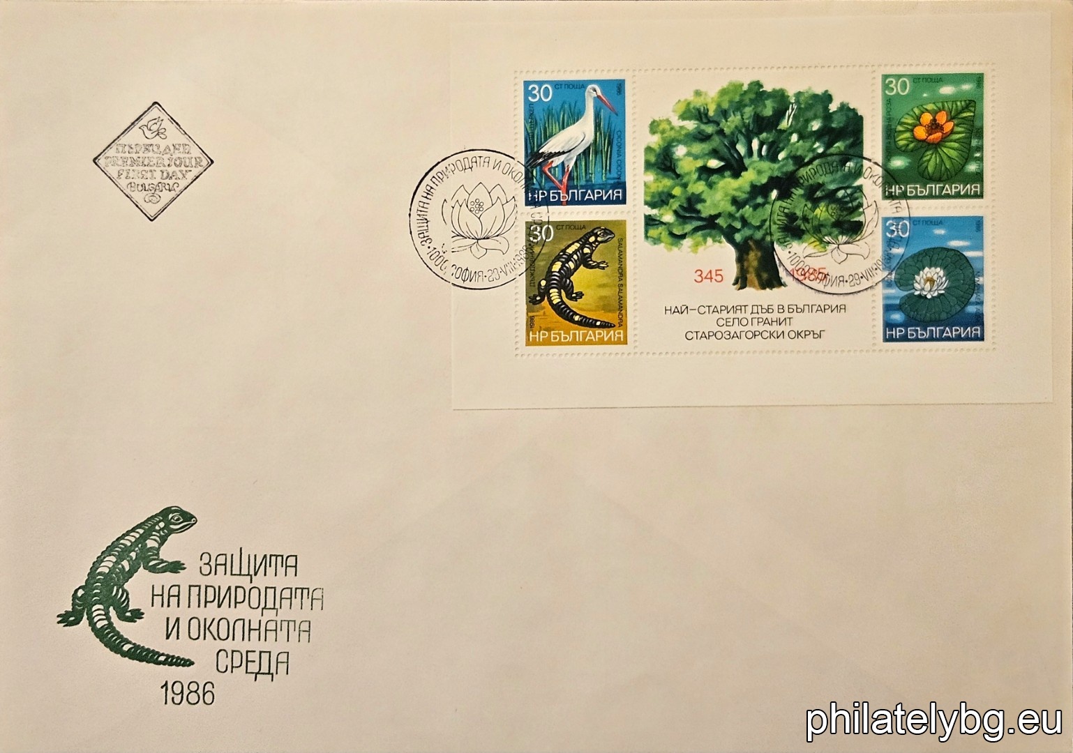 On the stamps - a white stork, a raindrop, a yellow water rose, a water lily; on the frame - the oldest oak in Bulgaria, circa 1640, village of Granit, Stara Zagora.
