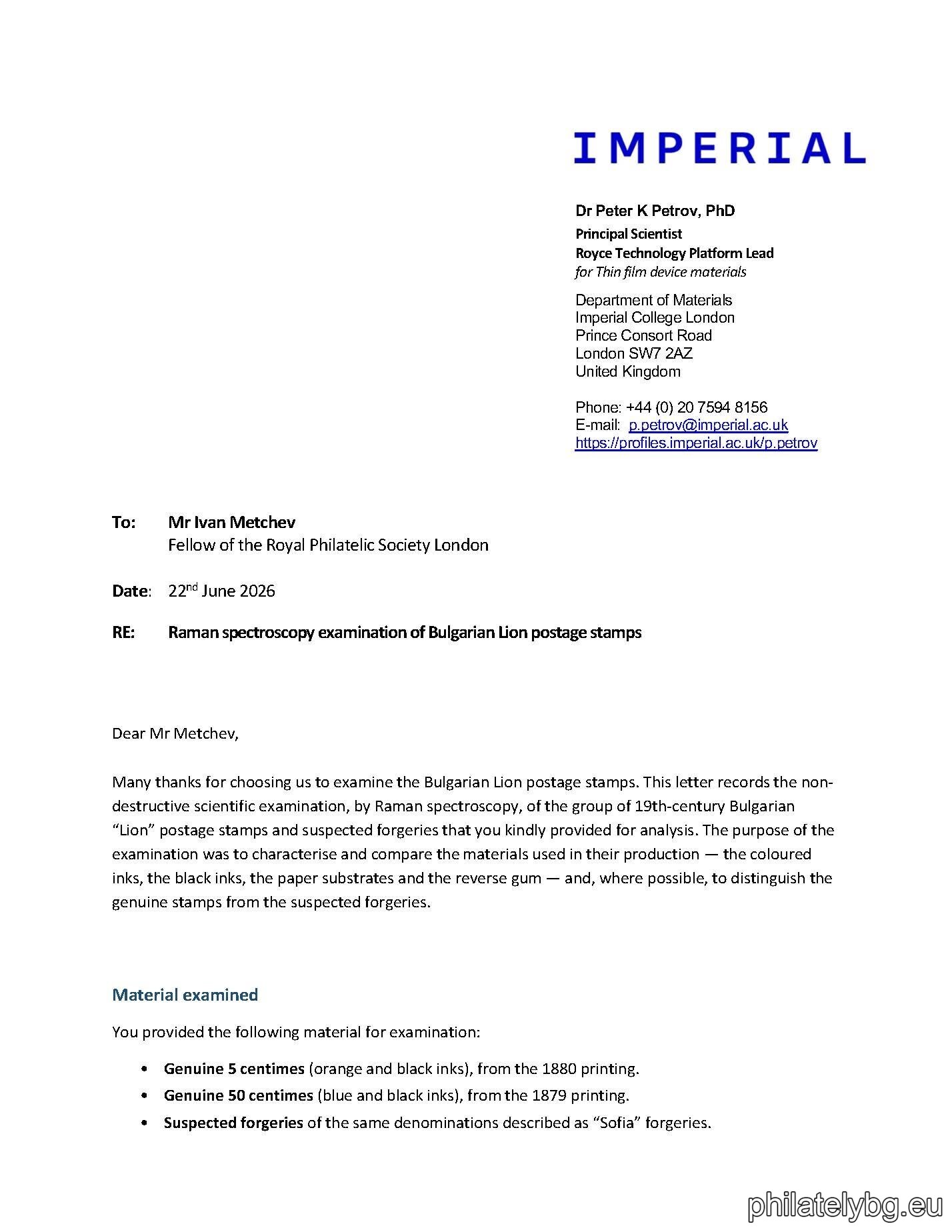 E-mail from Imperial College London to Mr. Metchev Regarding the Analysis of the 1879 Issues
